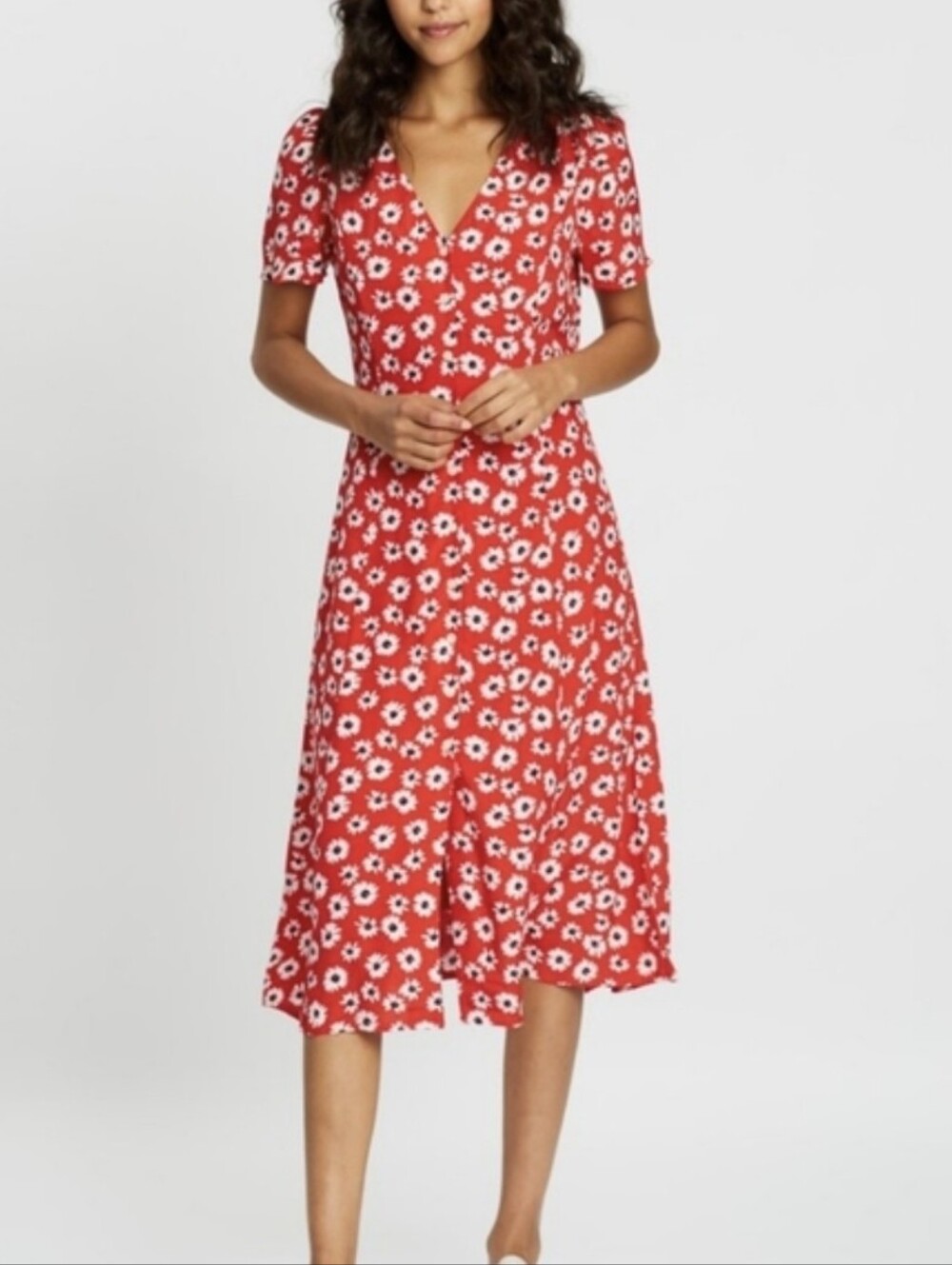 GAP Red Floral Midi Tea Dress with Short Sleeves Size 6P